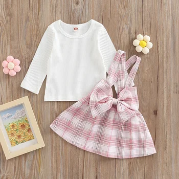 0-4Y Bebek Kız Sonbahar Giyim Seti Toddler Düz Renk Uzun Kollu Nervürlü Üstleri + Ekose Askı Etek İlmek ile Çocuklar Kıyafetler
