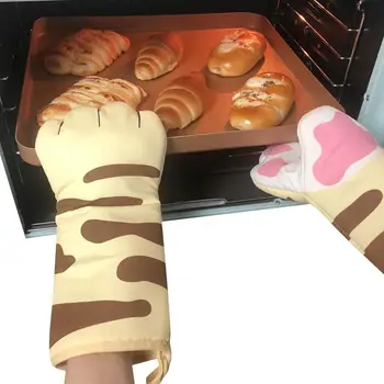 1 adet 3D Karikatür Kedi Pençeleri Fırın Eldiveni Uzun Pamuklu Pişirme Yalıtım Eldivenleri Mikrodalga Isıya Dayanıklı kaymaz Mutfak Eldivenleri Aracı