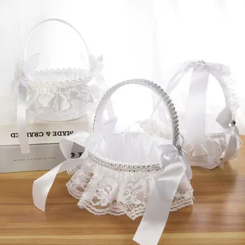 1 Adet Mini Düğün Çiçek Kız Basket Beyaz İmitasyon Rhinestone İnci Çiçek Sepeti Düğün Parti Dekorasyon Malzemeleri İçin