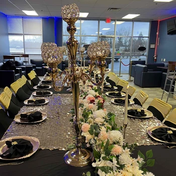 10 adet yeni stil uzun boylu altın kristal 5 arms şamdan çiçek standı centerpieces altın 5 düğün için mumluk dekorasyon 2806