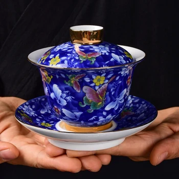180ml Mavi ve Beyaz Seramik Gaiwan Çay Fincanı Zarif Emaye Çay Kasesi Çin Ev Porselen Teaware Seyahat Kişisel Bardak