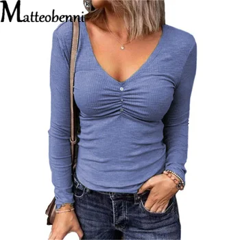 2021 Seksi Kadınlar Uzun Kollu Üstleri Bayanlar Kat Düğmeler V Yaka Slim sağlıklı tişört Düz Renk Bodycon Bahar Sonbahar Sokak Giysileri