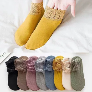 2022 Kış Dralon sıcak tutan çoraplar Yeni Dantel Kaymaz Pamuk Ayak Bileği Çorap Kadın Moda Bayan Kız Çorap