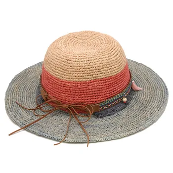 202202-gaoda-ilmek yaz rafya çim renk eşleştirme bohemian dokuma etnik bayan kadın plaj kap eğlence şapka toptan