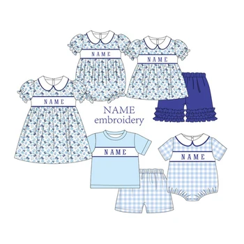 2023 Bebek Kız Ve Erkek Bebek Yeni Pamuk Özelleştirilebilir İsim Stilleri Satış Öncesi Modelleri Mavi Yengeç Baskı Serisi Romper Setleri Giysileri