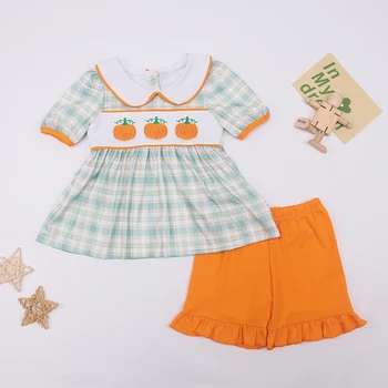 2023 Kabak Nakış Yeni Yaz Tarzı Bebek Kız Giyim Çocuk Butik Kıyafet Pamuk Çocuk Peter Pan Yaka Turuncu Sevimli Seti