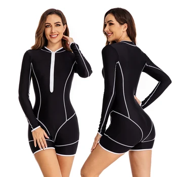 2023 Kadın Ön Fermuar Uzun Kollu Tek Parça Düz Açı sörf kıyafeti Moda Güneş Koruyucu Plaj Yüzme Motorlu Tekne sörf kıyafeti