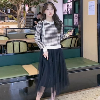 2023 Kore Tarzı Hamile Sonbahar Örme Elbise Uzun Kollu Ekose Patchwork Düzensiz Örgü Elbise Hamile Kadın Zarif Giysiler
