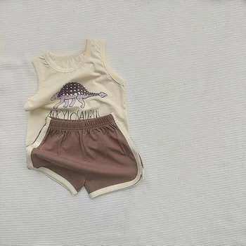 2023 Yaz Bebek Erkek Giysileri Set Pamuk Katı Sınır Spor Şort Takım Elbise Kolsuz Baskılı Karikatür Dinozor Yürümeye Başlayan Çocuk Kıyafeti