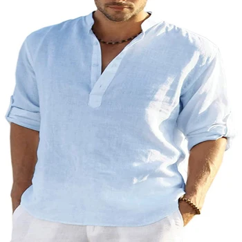 2023 yeni Yeni erkek Keten uzun Kollu tişört Düz Renk Gevşek Rahat Gömlek Uzun Kollu Pamuklu Keten Gömlek