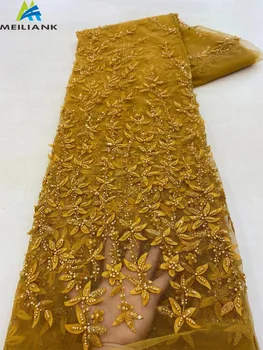 2023 Yüksek Kaliteli El Yapımı Fransız Tül Dantel Kumaş Afrika 3D Çiçek Nakış Boncuklu Dantel Kumaş düğün elbisesi 3122