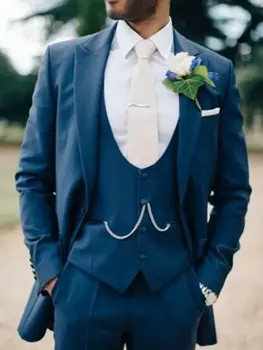 2023 Özel Yapılmış Mavi Düğün Erkek Takım Elbise Yeni Moda Damat Balo Smokin Terno Masculino Erkek Takım Elbise 3 Adet (ceket + Pantolon + Yelek)