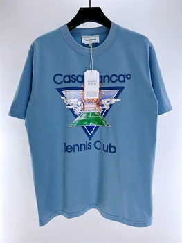 23SS En Kaliteli
 Büyük boy Kazablanka Tenis Kulübü Tee Üst Erkekler Kadınlar Güneş Baskı Beyaz Mavi tişört hip hop