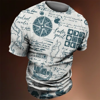 3D Deniz Baskı T-shirt Erkekler Pusula Desen Üstleri Yuvarlak Boyun Tees Boy Kazak Serin Streetwear Ucuz moda giyim