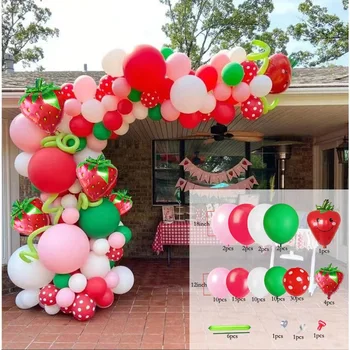 97 adet Pembe Kırmızı Yeşil Nokta Çilek Parti Süslemeleri Balon Garland Kiti Doğum Günü Partisi Malzemeleri Çilek Temalı Süslemeleri