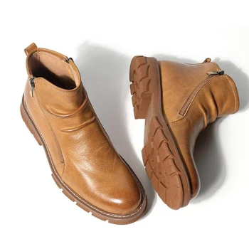 ABD 6-10 erkek Pilili binici çizmeleri Tam Tahıl Deri Yuvarlak Ayak Zip Chelsea Adam Konfor Yükseltmek Ayakkabı