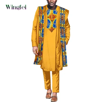 Afrika Giysi Erkekler için Dashiki Agbada Elbise Takım Elbise 3 Adet Set Gevşek Ceket Gömlek ve Pantolon Patchwork Erkekler Afrika Tarzı Kıyafet WYN1848