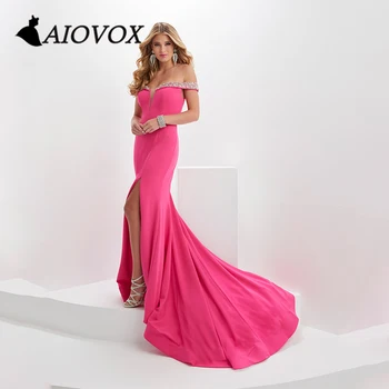 AIOVOX Off-omuz Örgün Balo Elbise Boncuklu Saten gece elbisesi Mermaid Sweep Tren Yüksek Yarık Vestido De Noche Kadınlar için