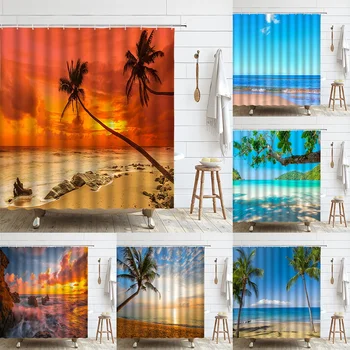 Alacakaranlık Günbatımı Plaj Duş Perdeleri Tropikal Okyanus Palmiye Ağacı Deniz Dalgaları Doğa Manzara Bez Ev Dekor Banyo Perdesi Ekran Seti