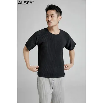 ALSEY Miyake Pilili Üst Yuvarlak Boyun Rahat İnce Düz Renk Kısa Kollu Olgun Moda T Shirt Erkekler için erkek giyim SummerNew