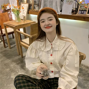 Anbenser Kadın Bluz JK Bebek Yaka Lolita Katı Basit Bahar Kore Tarzı Şık Rahat Bluzlar Zarif Streetwear Tüm Maç