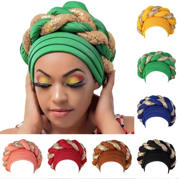 Arap Şal Müslüman Eşarp Hicap Türban Afrika Headtie Pullu Örgü Şapka Kadınlar için Pilili Bere Headwrap saç aksesuarları