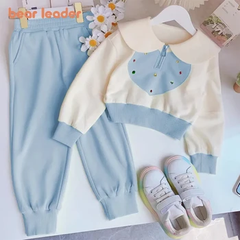 Ayı Lideri çocuk Seti 2023 Sonbahar Yeni Kız Polo Boyun Kalp Desen Uzun Kollu Üst + Pantolon İki Parçalı çocuk Moda Seti