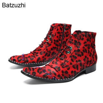 Batzuzhi Yeni Tasarım erkek Botları Ayakkabı Kırmızı Leopar Deri yarım çizmeler Erkekler için Sivri Burun Moda Parti ve Düğün Botları Erkekler!