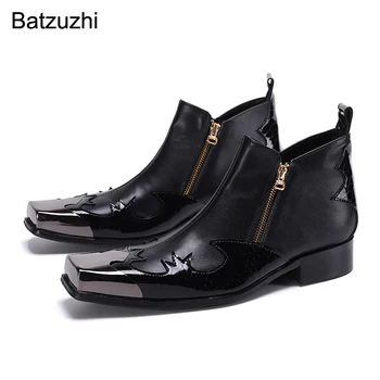 Batzuzhi Yeni Tasarım erkek Botları Kare Ayak Siyah Hakiki Deri yarım çizmeler Erkekler Fermuarlar Motosiklet / Parti / Düğün Botas Hombre