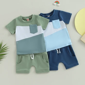 Bebek Erkek yaz kıyafetleri Kontrast Renk Cep Ekip Boyun kısa kollu tişörtler ve Elastik Bel Şort 2 Adet günlük kıyafetler Seti