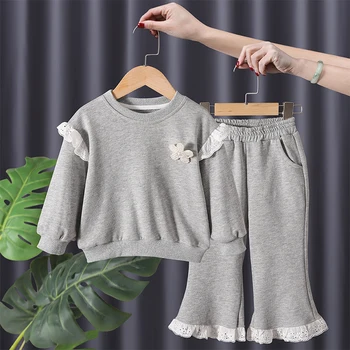 Bebek Üst ve Alt Seti Çocuk Giysileri Takım Elbise Kızlar İçin Kore Moda Gri T-shirt Alevlendi Pantolon İki parçalı 2 İla 7 Yıl