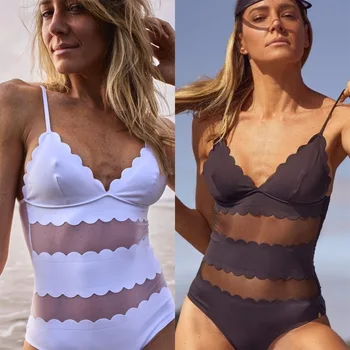 Bikini Tek parça Saf Renk Tek parça Mayo kadın Yeni Kesim Dantel Örgü Ekleme Yüksek Bel Yaz Plaj Mayo