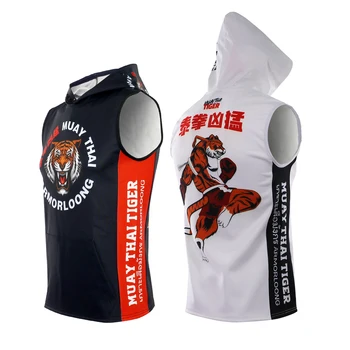 Boks Hoodies Tiger Muay Thai Gömlek Kapşonlu Kolsuz Rashguard Jiujitsu Beyaz Siyah Mücadele Kickboks Ceket BJJ MMA Giyim
