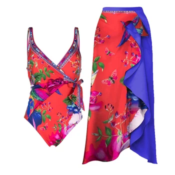 Botanik Çiçek Baskılar Lace Up Tek Parça Mayo V Yaka Halter Bikini Renk Eşleştirme Lotus Yaprağı Kenar plaj elbisesi Kadın 2023