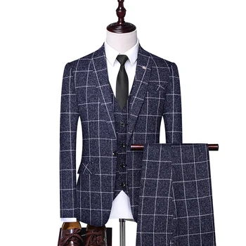 (Ceket + Yelek + Pantolon)2021 Erkek ekose iş Blazers / Erkek slim fit saf pamuk üç parçalı takım elbise / Erkek ekose damat elbise S-4XL