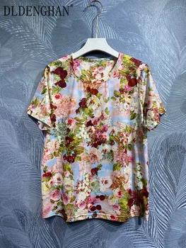 DLDENGHAN Bahar Yaz Tees Kadın O-Boyun Kısa Kollu Kristal Boncuk Çiçekler Baskı vintage tişört Moda Pist Yeni