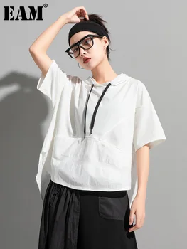 [EEM] Kadınlar Bej İpli Düzensiz Büyük Boy günlük t-shirt Yeni Kapşonlu Kısa Kollu Moda Gelgit Bahar Yaz 2023 1DF4760