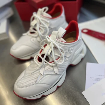 En Kaliteli Kırmızı Taban Bayan Moda rahat ayakkabılar 35-48 Lüks Erkek gerçek deri sneakers Tasarım Çift Kaya Gelgit ayakkabı HJ1463