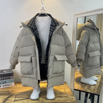 Erkek Kış Kalınlaşmış pamuklu ceket çocuk Giysileri Kore Moda Sahte İki Adet Gevşek Ceket Kapşonlu Vintage Sıcak Parka