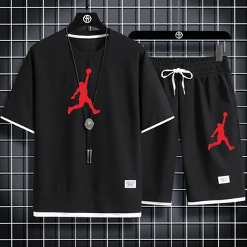 Erkek tişört Yaz şort takımı Nefes T-shirt Rahat Harajuku Moda, Set, Çift Baskılı erkek 2023 Yeni Stil