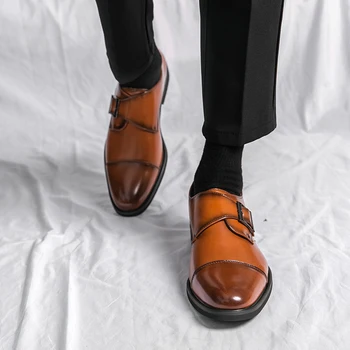 Erkekler Elbise Ayakkabı Kahverengi Siyah Toka Kayış Kare Ayak loafer ayakkabılar El Yapımı Ayakkabı Erkekler için Ücretsiz Kargo ile Zapatos De Hombre
