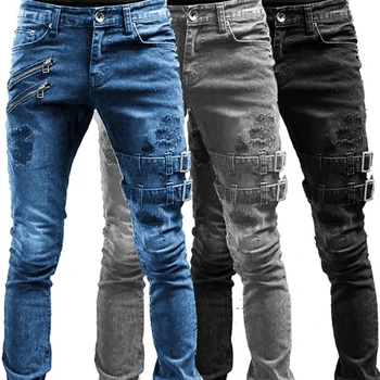 Erkekler Slim Biker Ripped Uzun Denim Pantolon Skinny Jeans Cep Yan Sapanlar ve Fermuarlar Erkek koşu pantolonları Tahrip Sıkı Pantolon