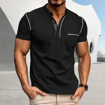 Erkekler V Yaka tişört Nefes erkek Standı Yaka Kısa Kollu Gömlek Şık Kontrast Renk Yama Cep İş Ofis Giyim