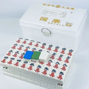 Eğlence Mahjong Kartları Beyaz Kutu 144 Adet Kristal Yeşim 40 42 Boyutu Ev Eğlence El Sürtünme Mahjong El Oyun Kartları