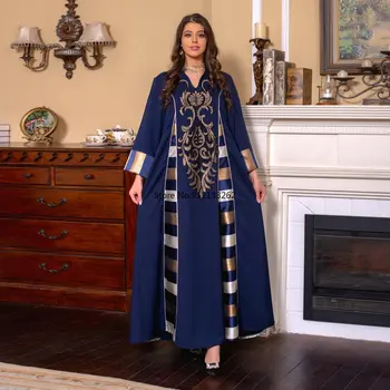 Fas Kaftan Kadın Retro Sequins Nakış Kontrast Renk Parti Elbiseler İslam Türkiye Robe Suudi Siyah Abayas