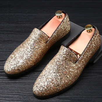 Fasulye Ayakkabı İngiliz Moda Sivri Deri ayakkabı Kore Versiyonu Sequins Kişilik erkek ayakkabıları Büyük Boy P028