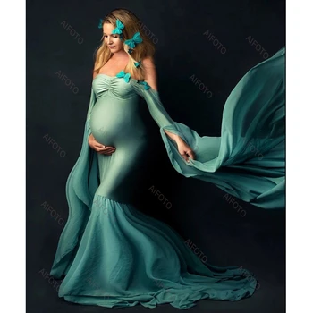 Hamile elbisesi Fotoğraf Sahne İçin Uzun Kollu Kelime Omuz Yüksek Bel İnce Fishtail Maxi Etek Gebelik Fotoğraf Çekimi Kıyafet