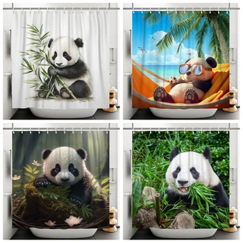 Hayvan Panda Karikatür Duş Perdeleri Su Geçirmez Polyester Yeşil Bambu Bitkiler Baskı Duş banyo perdesi Dekor