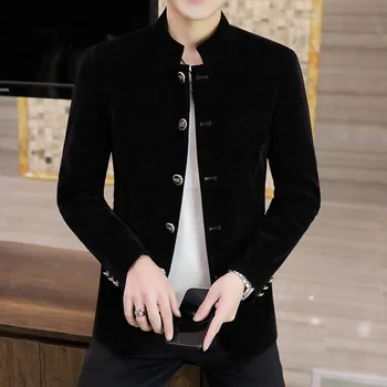 HOO 2023 erkek Moda Standı Yaka Kadife Rahat blazer Gençlik Sonbahar Yeni Tek Göğüslü Slim Fit blazer