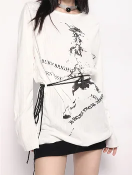 HOUZHOU Harajuku Grafik T-Shirt Kadın Vintage Japon Y2k Streetwear Punk Tarzı Kadın Uzun Kollu Tees Grunge Estetik Tops